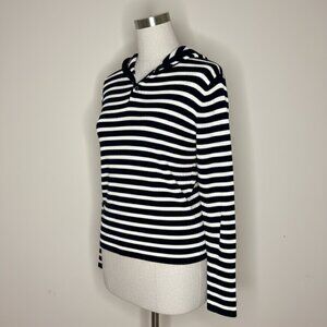 Vince Fitted Ribbed Hooded Navy White Stripe Sweater Henley Cotton Size Medium